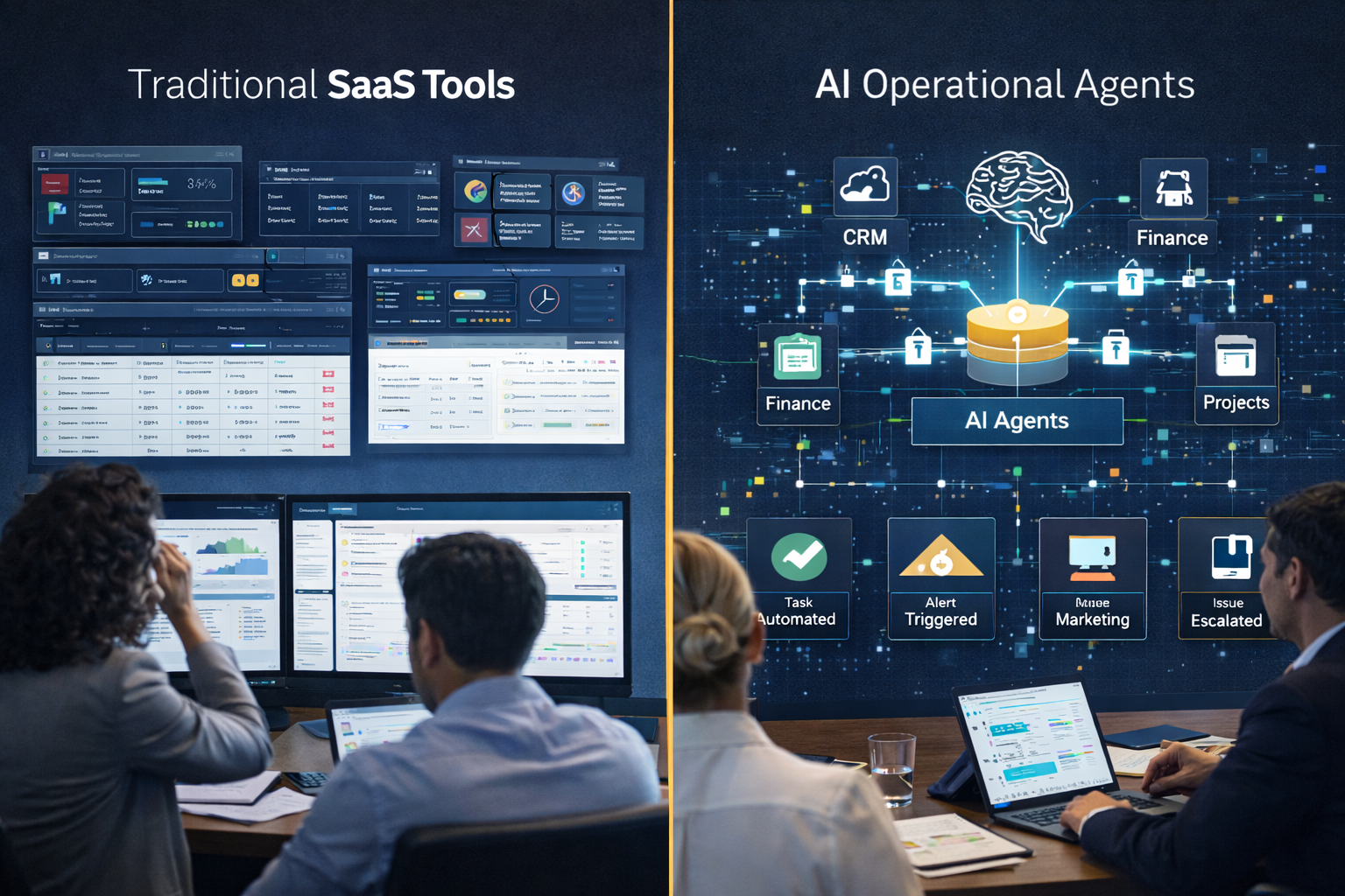 comparison between traditional SaaS dashboards and AI operational agents automating business workflows